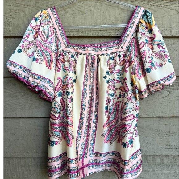 JoyJoy Paisley Flutter Sleeve Square Neck Blouse S - Picture 6 of 8